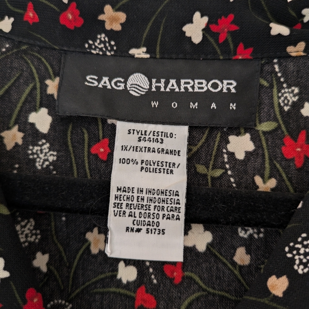 Vintage Sag Harbor Black Floral Button Up Collared Top sz 1X 90s Casual - Picture 7 of 8